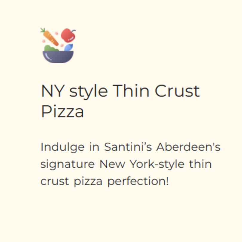 A graphic featuring a bowl of salad ingredients and text about Santini's New York-style thin crust pizza.