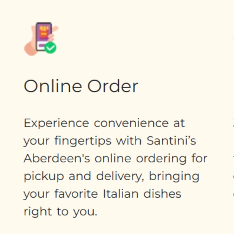 A hand holding a smartphone with a checkmark, symbolizing online ordering for Santini's Italian Cuisine.